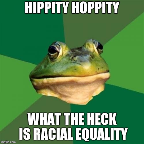 Itś a joke, okay? | HIPPITY HOPPITY; WHAT THE HECK IS RACIAL EQUALITY | image tagged in memes,foul bachelor frog | made w/ Imgflip meme maker