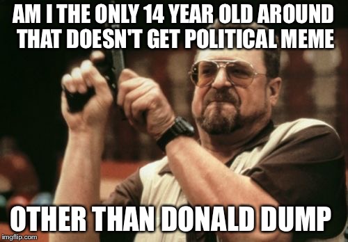 Am I The Only One Around Here Meme | AM I THE ONLY 14 YEAR OLD AROUND THAT DOESN'T GET POLITICAL MEME; OTHER THAN DONALD DUMP | image tagged in memes,am i the only one around here | made w/ Imgflip meme maker