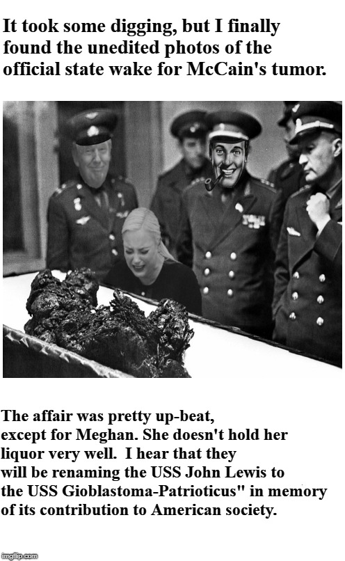 John McCain's Official State Funeral | It took some digging, but I finally found the unedited photos of the official state wake for McCain's tumor. The affair was pretty up-beat, except for Meghan. She doesn't hold her liquor very well.

I hear that they will be renaming the USS John Lewis to the USS Gioblastoma-Patrioticus" in memory of its contribution to American society. | image tagged in mccain's tumor,john mccain,crispy critter,better call the wahmbulance | made w/ Imgflip meme maker