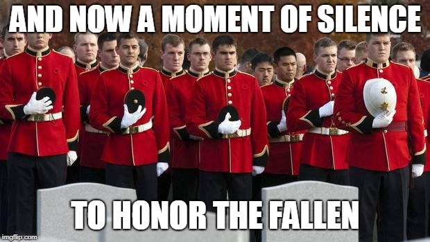 moment of silence | AND NOW A MOMENT OF SILENCE TO HONOR THE FALLEN | image tagged in moment of silence | made w/ Imgflip meme maker
