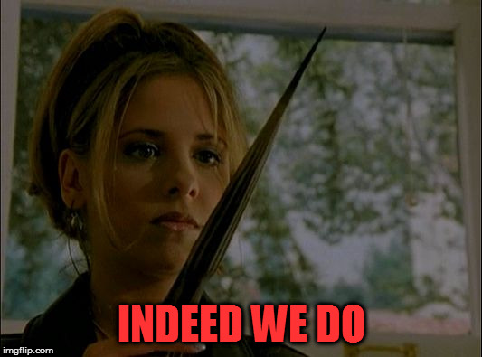 sarah michelle gellar buffy the vampire slayer with stake | INDEED WE DO | image tagged in sarah michelle gellar buffy the vampire slayer with stake | made w/ Imgflip meme maker