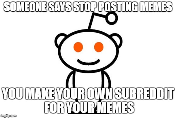 Being on Reddit | SOMEONE SAYS STOP POSTING MEMES; YOU MAKE YOUR OWN SUBREDDIT FOR YOUR MEMES | image tagged in reddit,so true,meme,funny | made w/ Imgflip meme maker