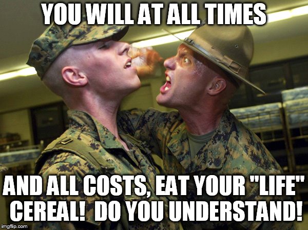 Drill Instructor | YOU WILL AT ALL TIMES; AND ALL COSTS, EAT YOUR "LIFE" CEREAL!  DO YOU UNDERSTAND! | image tagged in drill instructor | made w/ Imgflip meme maker