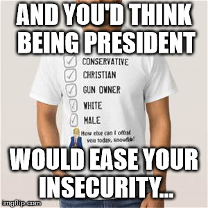 Proud Conservative Values Man | AND YOU'D THINK BEING PRESIDENT WOULD EASE YOUR INSECURITY... | image tagged in proud conservative values man | made w/ Imgflip meme maker