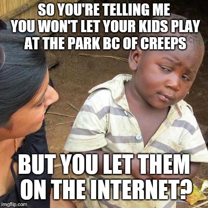 Third World Skeptical Kid Meme | SO YOU'RE TELLING ME YOU WON'T LET YOUR KIDS PLAY AT THE PARK BC OF CREEPS; BUT YOU LET THEM ON THE INTERNET? | image tagged in memes,third world skeptical kid | made w/ Imgflip meme maker