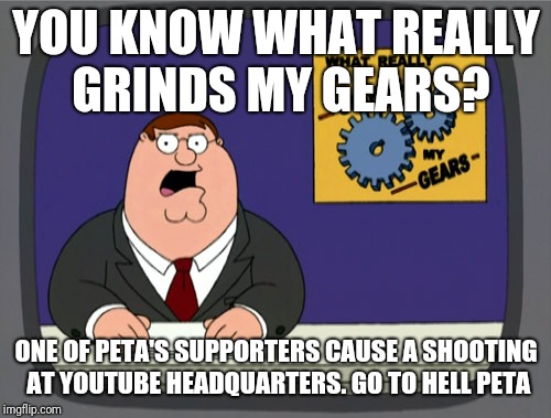 Peter Griffin News Meme | YOU KNOW WHAT REALLY GRINDS MY GEARS? ONE OF PETA'S SUPPORTERS CAUSE A SHOOTING AT YOUTUBE HEADQUARTERS. GO TO HELL PETA | image tagged in memes,peter griffin news | made w/ Imgflip meme maker