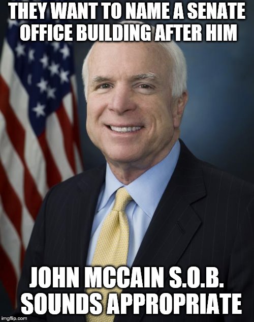 John McCain | THEY WANT TO NAME A SENATE OFFICE BUILDING AFTER HIM; JOHN MCCAIN S.O.B.  SOUNDS APPROPRIATE | image tagged in john mccain | made w/ Imgflip meme maker