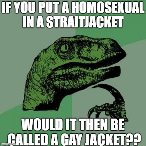 Philosoraptor | IF YOU PUT A HOMOSEXUAL IN A STRAITJACKET; WOULD IT THEN BE CALLED A GAY JACKET?? | image tagged in memes,philosoraptor | made w/ Imgflip meme maker