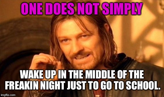 One Does Not Simply | ONE DOES NOT SIMPLY; WAKE UP IN THE MIDDLE OF THE FREAKIN NIGHT JUST TO GO TO SCHOOL. | image tagged in memes,one does not simply | made w/ Imgflip meme maker