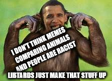 I DON'T THINK MEMES COMPARING ANIMALS AND PEOPLE ARE RACIST LIBTARDS JUST MAKE THAT STUFF UP | image tagged in obama portrayed as ape | made w/ Imgflip meme maker
