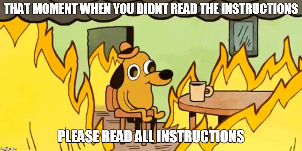 Dog on fire |  THAT MOMENT WHEN YOU DIDNT READ THE INSTRUCTIONS; PLEASE READ ALL INSTRUCTIONS | image tagged in dog on fire | made w/ Imgflip meme maker