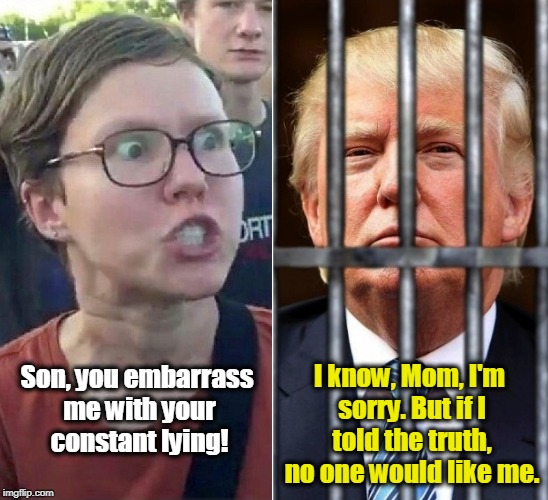 A mother's heartache. | I know, Mom, I'm sorry. But if I told the truth, no one would like me. Son, you embarrass me with your constant lying! | image tagged in trump,lying,truth,mother | made w/ Imgflip meme maker