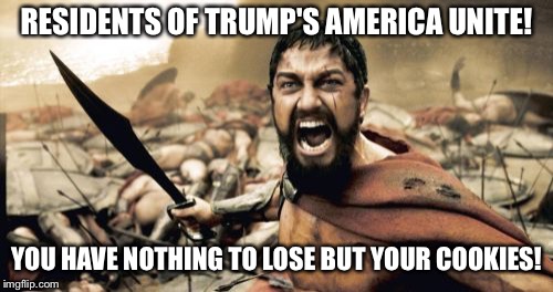 Sparta Leonidas | RESIDENTS OF TRUMP'S AMERICA UNITE! YOU HAVE NOTHING TO LOSE BUT YOUR COOKIES! | image tagged in memes,sparta leonidas,trump | made w/ Imgflip meme maker