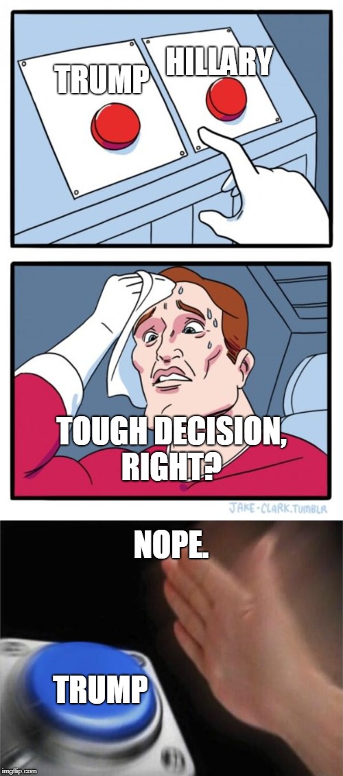 The Easy Decision | HILLARY; TRUMP; TOUGH DECISION, RIGHT? NOPE. TRUMP | image tagged in funny,blank nut button,two buttons,politics,donald trump,hillary clinton | made w/ Imgflip meme maker
