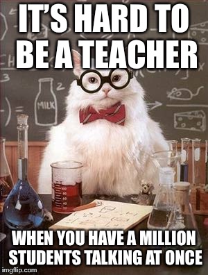 Science Cat Good Day | IT’S HARD TO BE A TEACHER; WHEN YOU HAVE A MILLION STUDENTS TALKING AT ONCE | image tagged in science cat good day | made w/ Imgflip meme maker