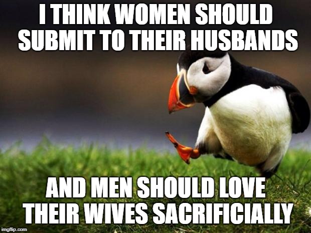 Unpopular Opinion Puffin Meme | I THINK WOMEN SHOULD SUBMIT TO THEIR HUSBANDS AND MEN SHOULD LOVE THEIR WIVES SACRIFICIALLY | image tagged in memes,unpopular opinion puffin | made w/ Imgflip meme maker