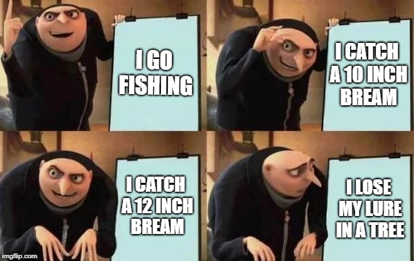 A good day nonetheless... | I GO FISHING; I CATCH A 10 INCH BREAM; I CATCH A 12 INCH BREAM; I LOSE MY LURE IN A TREE | image tagged in gru's plan,gone fishing | made w/ Imgflip meme maker
