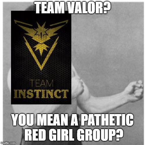 Team Valor roasted! | TEAM VALOR? YOU MEAN A PATHETIC RED GIRL GROUP? | image tagged in memes,overly manly man | made w/ Imgflip meme maker