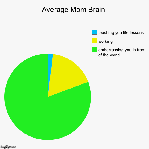 Average Mom Brain | embarrassing you in front of the world, working, teaching you life lessons | image tagged in funny,pie charts | made w/ Imgflip chart maker