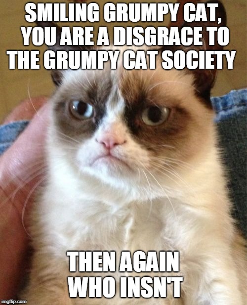 Grumpy Cat | SMILING GRUMPY CAT, YOU ARE A DISGRACE TO THE GRUMPY CAT SOCIETY; THEN AGAIN WHO INSN'T | image tagged in memes,grumpy cat | made w/ Imgflip meme maker