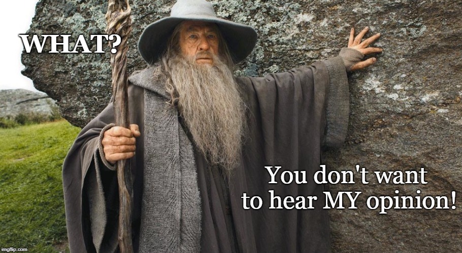 LOTR Gandolf's Opinion |  WHAT? You don't want to hear MY opinion! | image tagged in lotr,the hobbit,gandolf,sci-fi,lord of the rings,funny | made w/ Imgflip meme maker