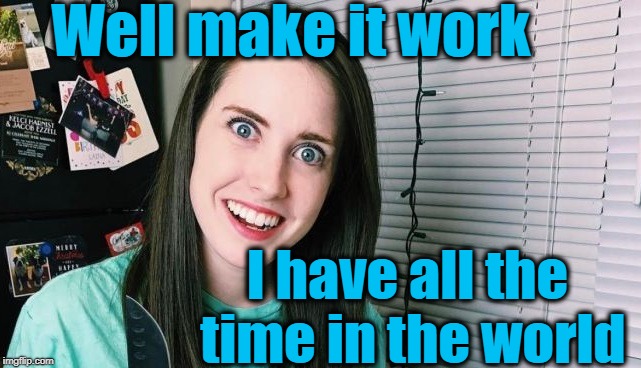 Well make it work I have all the time in the world | image tagged in overly attached girlfriend | made w/ Imgflip meme maker