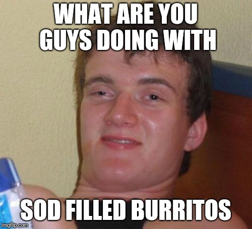 10 Guy Meme | WHAT ARE YOU GUYS DOING WITH SOD FILLED BURRITOS | image tagged in memes,10 guy | made w/ Imgflip meme maker
