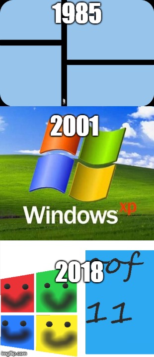How windows will look in 2029 then? | 1985; 2001; 2018 | image tagged in windows xp,oof | made w/ Imgflip meme maker