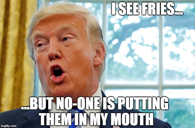 I SEE FRIES... ...BUT NO-ONE IS PUTTING THEM IN MY MOUTH | image tagged in donald trump,donald trump the clown | made w/ Imgflip meme maker