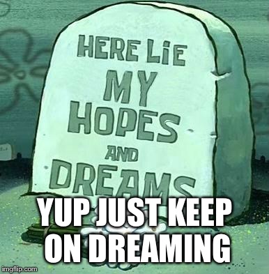 Here Lie My Hopes And Dreams | YUP JUST KEEP ON DREAMING | image tagged in here lie my hopes and dreams | made w/ Imgflip meme maker