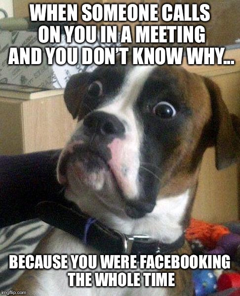 surprise | WHEN SOMEONE CALLS ON YOU IN A MEETING AND YOU DON’T KNOW WHY... BECAUSE YOU WERE FACEBOOKING THE WHOLE TIME | image tagged in surprise | made w/ Imgflip meme maker