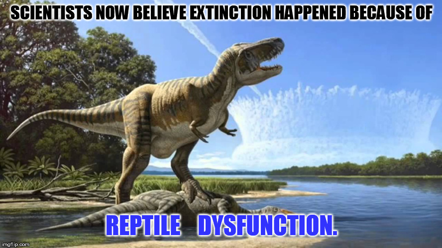 End of Dinosaurs | SCIENTISTS NOW BELIEVE EXTINCTION HAPPENED BECAUSE OF; REPTILE    DYSFUNCTION. | image tagged in end of dinosaurs | made w/ Imgflip meme maker