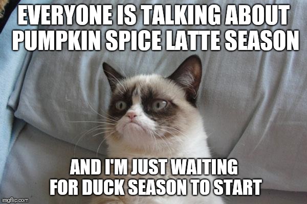 Grumpy Cat Bed Meme | EVERYONE IS TALKING ABOUT PUMPKIN SPICE LATTE SEASON; AND I'M JUST WAITING FOR DUCK SEASON TO START | image tagged in memes,grumpy cat bed,grumpy cat | made w/ Imgflip meme maker