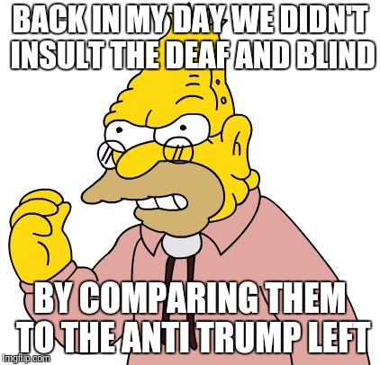 BACK IN MY DAY WE DIDN'T INSULT THE DEAF AND BLIND BY COMPARING THEM TO THE ANTI TRUMP LEFT | made w/ Imgflip meme maker