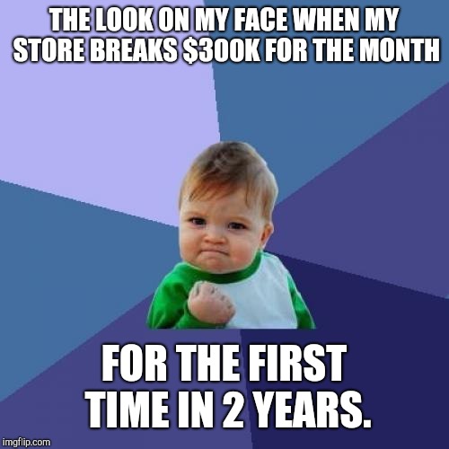 Success Kid | THE LOOK ON MY FACE WHEN MY STORE BREAKS $300K FOR THE MONTH; FOR THE FIRST TIME IN 2 YEARS. | image tagged in memes,success kid | made w/ Imgflip meme maker