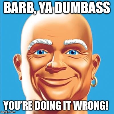 BARB, YA DUMBASS; YOU’RE DOING IT WRONG! | image tagged in mrclean | made w/ Imgflip meme maker