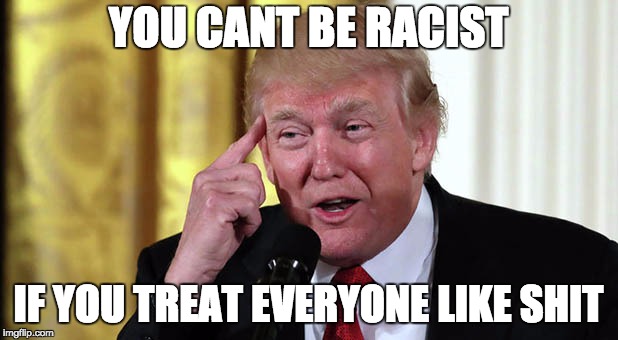 racist p.o.s | YOU CANT BE RACIST; IF YOU TREAT EVERYONE LIKE SHIT | image tagged in trump stable genius,memes,racist,not racist,trump | made w/ Imgflip meme maker