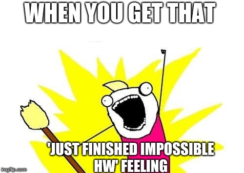 X All The Y | WHEN YOU GET THAT; 'JUST FINISHED IMPOSSIBLE HW' FEELING | image tagged in memes,x all the y | made w/ Imgflip meme maker