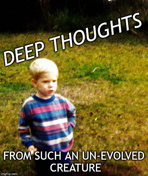 contemplative toddler | DEEP THOUGHTS FROM SUCH AN UN-EVOLVED CREATURE | image tagged in contemplative toddler | made w/ Imgflip meme maker
