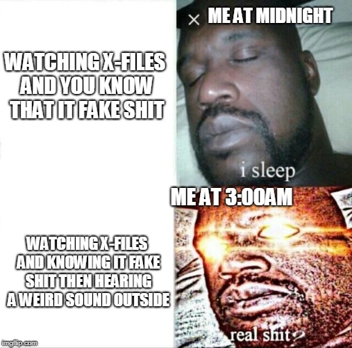 Sleeping Shaq Meme | ME AT MIDNIGHT; WATCHING X-FILES AND YOU KNOW THAT IT FAKE SHIT; ME AT 3:00AM; WATCHING X-FILES AND KNOWING IT FAKE SHIT THEN HEARING A WEIRD SOUND OUTSIDE | image tagged in memes,sleeping shaq | made w/ Imgflip meme maker