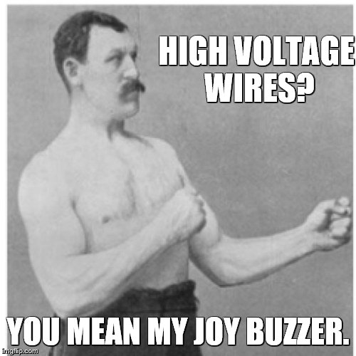 Overly Manly Man Meme | HIGH VOLTAGE WIRES? YOU MEAN MY JOY BUZZER. | image tagged in memes,overly manly man | made w/ Imgflip meme maker