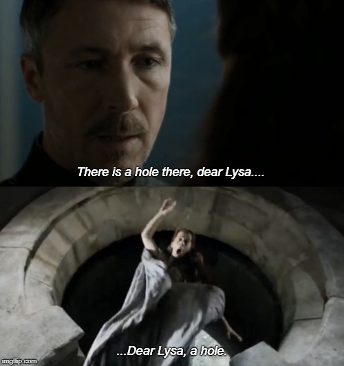 GOT - There is a hole there dear Lysa | There is a hole there, dear Lysa.... ...Dear Lysa, a hole. | image tagged in game of thrones,moon door | made w/ Imgflip meme maker