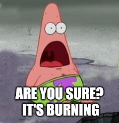Suprised Patrick | ARE YOU SURE? IT'S BURNING | image tagged in suprised patrick | made w/ Imgflip meme maker