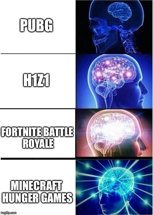 Expanding Brain | PUBG; H1Z1; FORTNITE BATTLE ROYALE; MINECRAFT HUNGER GAMES | image tagged in memes,expanding brain | made w/ Imgflip meme maker