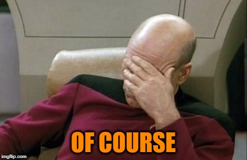 Captain Picard Facepalm Meme | OF COURSE | image tagged in memes,captain picard facepalm | made w/ Imgflip meme maker