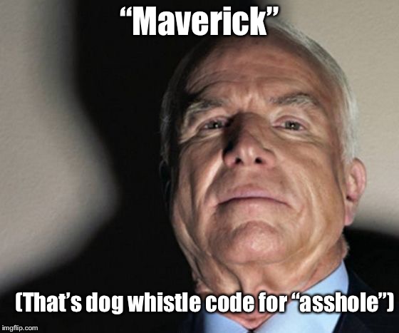 Phony Hero, legit traitor  | “Maverick”; (That’s dog whistle code for “asshole”) | image tagged in insane mccain,john mccain | made w/ Imgflip meme maker