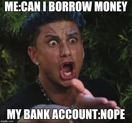 DJ Pauly D Meme | ME:CAN I BORROW MONEY; MY BANK ACCOUNT:NOPE | image tagged in memes,dj pauly d | made w/ Imgflip meme maker