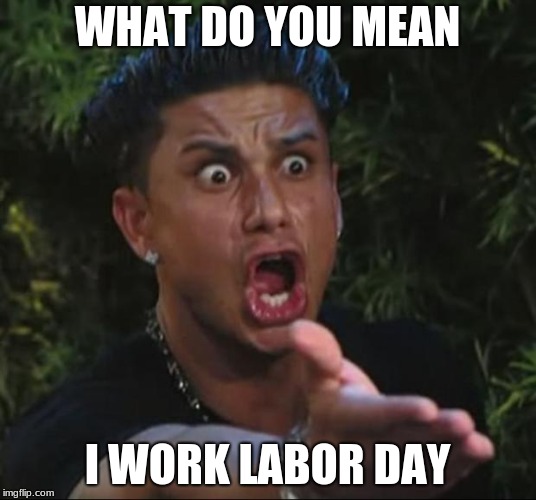 DJ Pauly D Meme | WHAT DO YOU MEAN; I WORK LABOR DAY | image tagged in memes,dj pauly d | made w/ Imgflip meme maker
