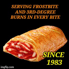 I dropped my hot pocket | SERVING FROSTBITE AND 3RD-DEGREE BURNS IN EVERY BITE; SINCE 1983 | image tagged in i dropped my hot pocket | made w/ Imgflip meme maker