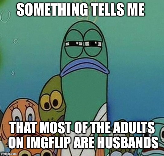 I just have a feeling... | SOMETHING TELLS ME; THAT MOST OF THE ADULTS ON IMGFLIP ARE HUSBANDS | image tagged in squinting fish from spongebob | made w/ Imgflip meme maker